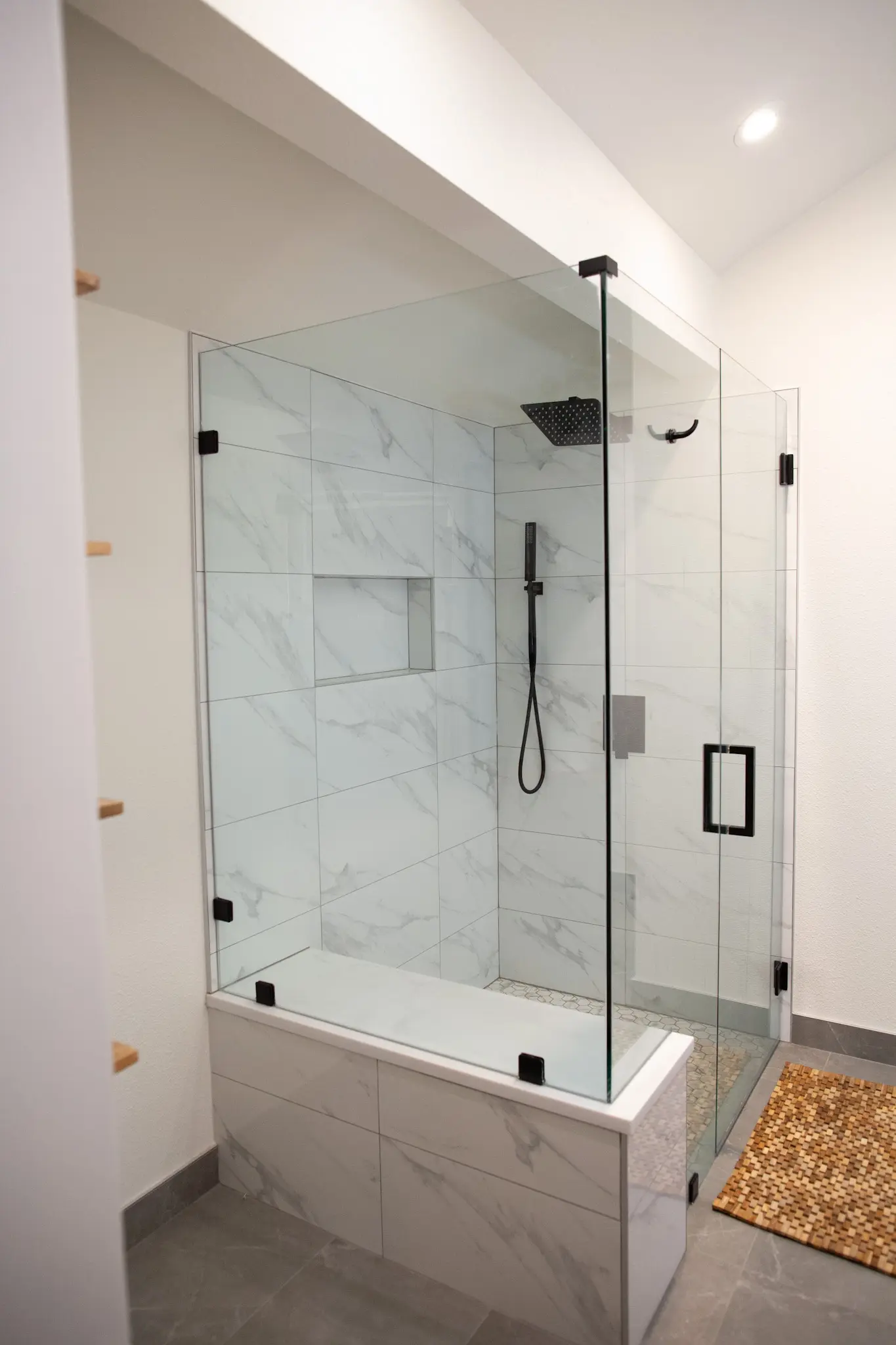 Double vanity in a marble bathroom remodel in Boulder